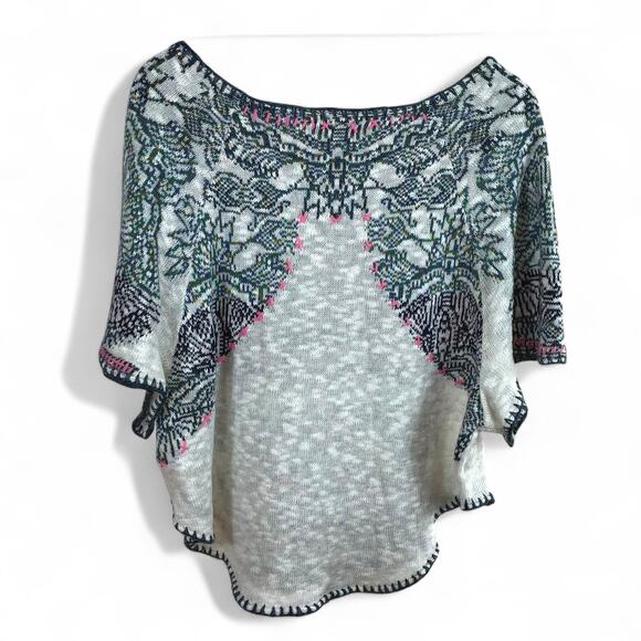 Free People Sweater Women's M Butterfly Sleeves Boho Green White Pink Embroidery - Picture 2 of 6